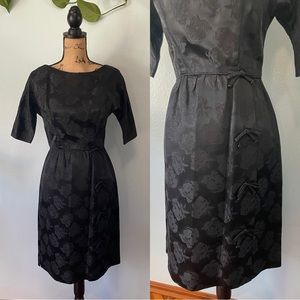 Vintage 1950s Black Satin Embossed Floral Dress With Darling Bow Detail Size Sm